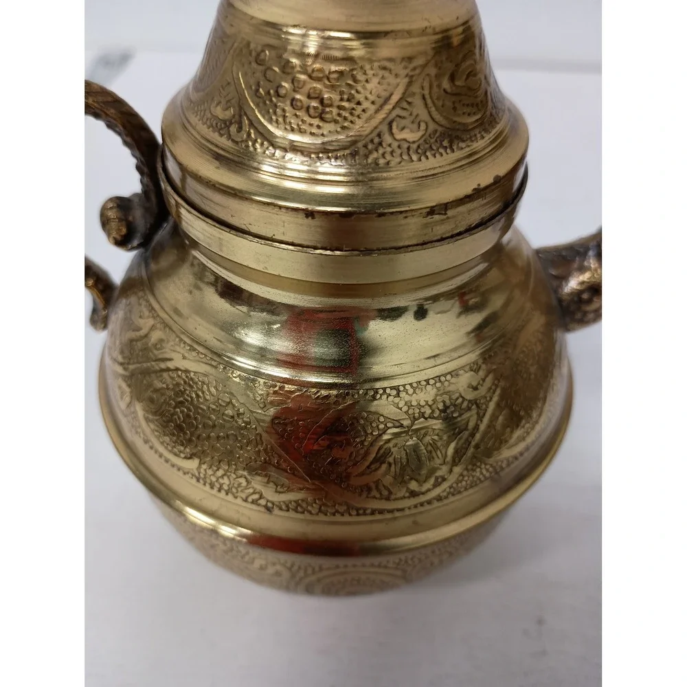 Vintage Teapot Embossed Brass Asian Small Gold Decorative Tea Pot Etched Floral